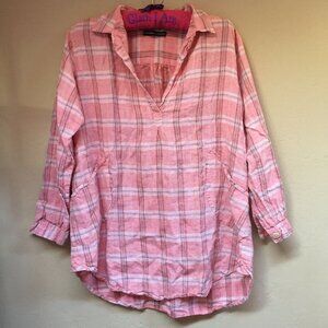 Tancredi & Morgen Women's Large Split Neck 2/4 Sleeve Pink Plaid Linen Tunic Top